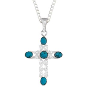 A custom silver cross pendant necklace for men and women, western-inspired design. featuring silver filigrane and turquoise stones 