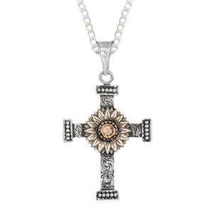 A custom silver cross pendant necklace for men and women, western-inspired design. featuring a sunflower figure 